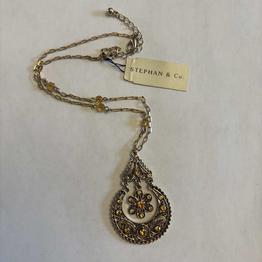 Stephan & Co. Antique Gold Tone & Yellow Rhinestone Pendant Necklace NWT